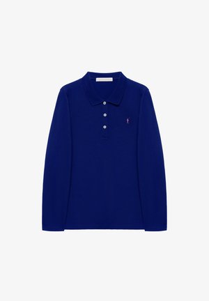 Pitkähihainen poolopaita yksiväristä tummansinistä kangasta, jossa on kaulus, kolme nappia ja pieni vaaleanpunainen kirjailtu logo vasemmassa rinnassa.