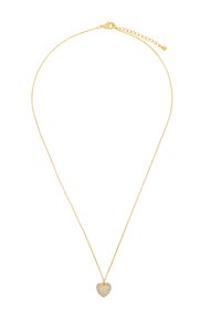 Collana in oro con pendente a forma di cuore decorato con numerosi strass trasparenti per un tocco di brillantezza e lucentezza.