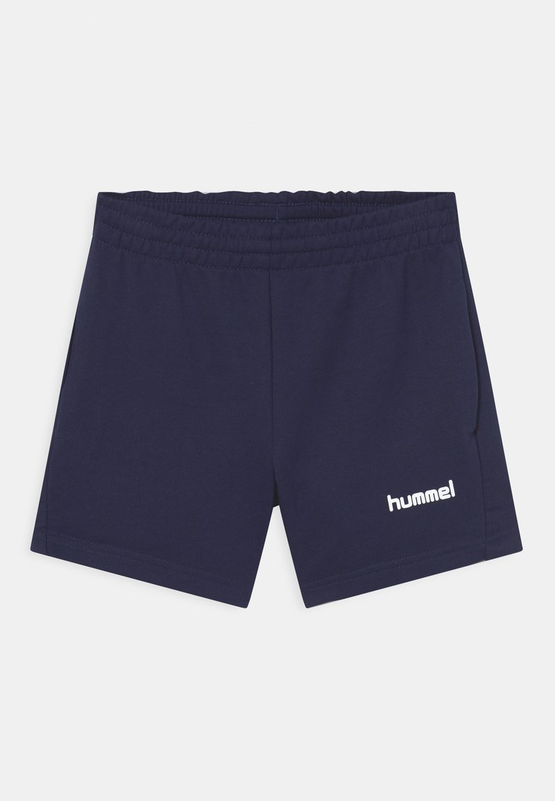 Marineblauwe shorts van zachte stof, met een elastische tailleband en een wit "hummel" logo aan de onderkant van de voorkant.