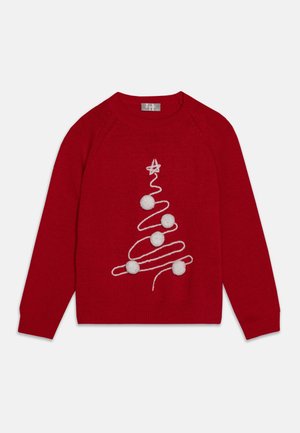 Rød langærmet sweater med hvid spiralformet juletrædesign pyntet med fem pomponer og en stjerne på toppen.
