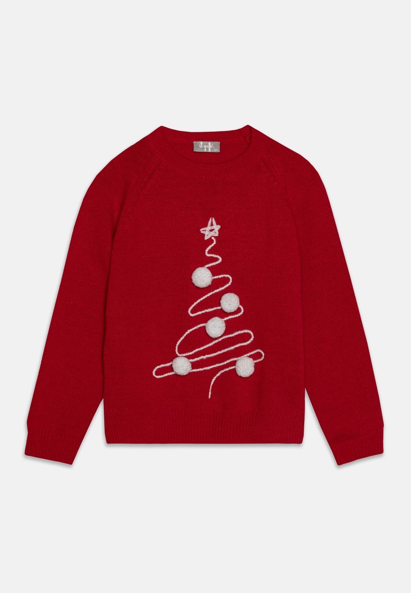 Pull rouge à manches longues avec un design blanc en spirale représentant un sapin de Noël décoré de cinq pompons et une étoile au sommet.
