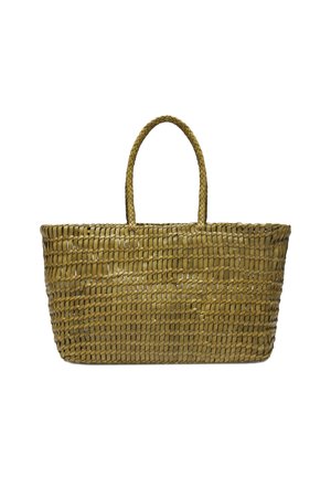 Sac cabas rectangulaire en paille tressée avec deux poignées tressées, ouverture supérieure et couleur beige naturel sur fond blanc.