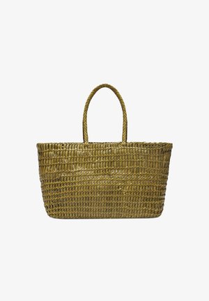 Geweven rechthoekige strooien tas met twee gevlochten handvatten, open bovenkant en natuurlijke beige kleur op witte achtergrond.