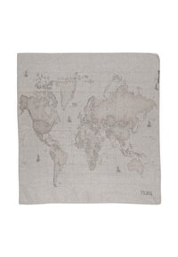 Pareo a mappa del mondo in tonalità beige attenuate, con un design cartografico dettagliato, linee della griglia e accenti nautici, con orli sfilacciati.