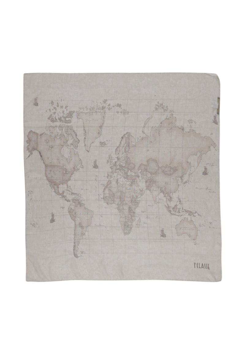 Pareo a mappa del mondo in tonalità beige attenuate, con un design cartografico dettagliato, linee della griglia e accenti nautici, con orli sfilacciati.