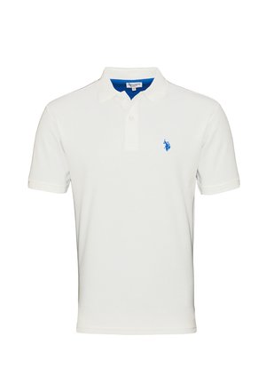 Witte polo shirt van katoen met een blauwe kraag, korte mouwen en een klein blauw paardenlogo op de linkerkant van de borst.