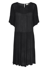 Vestido negro hasta la rodilla con mangas cortas con volantes, escote redondo, falda de capas y un sutil detalle plisado.