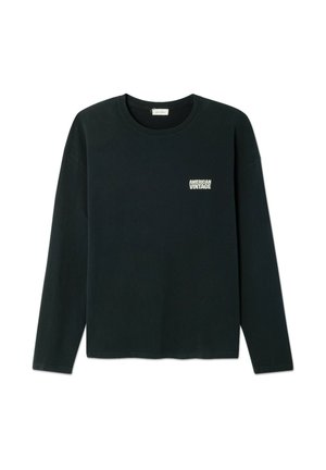 Czarna bawełniana koszulka z długim rękawem z okrągłym dekoltem i małym białym logo "AMERICAN VINTAGE" na lewej piersi.