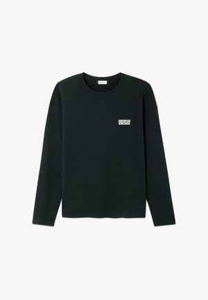 Czarna bawełniana koszulka z długim rękawem z okrągłym dekoltem i małym białym logo "AMERICAN VINTAGE" na lewej piersi.