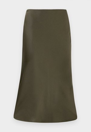 Olivenfarget midi skjørt med en jevn tekstur, A-linjeform og elastisk midje. Minimalistisk design uten synlige mønstre eller detaljer.