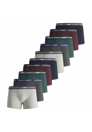 Zehn Paar Herren-Boxershorts in Grau, Dunkelgrau, Grün, Burgunderrot und Marineblau, jeweils mit einem bund mit "Jack & Jones" Markenlogo.