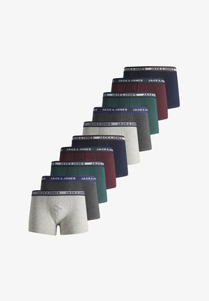 Dix paires de boxers pour hommes en gris, gris foncé, vert, bordeaux et bleu marine, chacune avec une ceinture marquée "Jack & Jones".