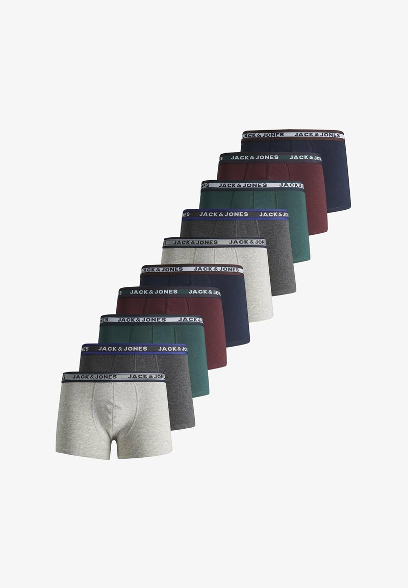 Zehn Paar Herren-Boxershorts in Grau, Dunkelgrau, Grün, Burgunderrot und Marineblau, jeweils mit einem bund mit "Jack & Jones" Markenlogo.