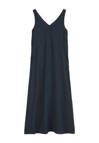Robe A-line sans manches en bleu marine, fabriquée dans un tissu lisse avec un décolleté en V et des coutures diagonalement subtiles pour plus de détail.