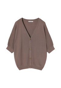 Brązowy, luźny kardigan z dekoltem w serek, krótkimi rękawami i zapięciem na guziki. Miękka tekstura z prążkowanym wzorem i zaokrąglonym dołem.