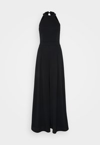 Black halter jumpsuit with a fitted bodice, pleated wide legs, and a high neckline. Made from a smooth fabric with no visible patterns.