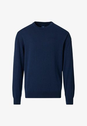 Granatowy sweter z długim rękawem i okrągłym dekoltem, z prążkowanymi mankietami i ściągaczem u dołu, wykonany z gładkiej dzianiny, prezentowany na białym tle.