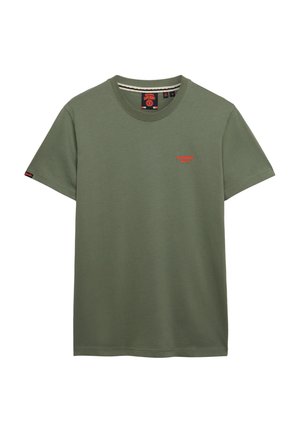 T-shirt vert olive à manches courtes avec col rond, petit logo rouge "Superdry & Co" sur la poitrine et étiquette sur la manche gauche.