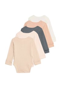 Cinque body a maniche lunghe in morbido cotone: i colori includono beige, rosa pallido, grigio scuro, rosa chiaro e bianco sporco; presentano scollature rotonde.