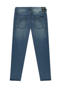 Blauwe denim jeans met een slim fit, vijf-pocket ontwerp en subtiele slijtage. Voorzien van een taillebandlabel en ritsaccenten op de achterzakken.