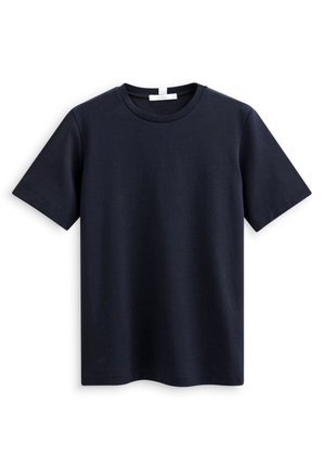 Dark navy blue short-sleeve cotton t-shirt with crew neck and no visible logos or patterns, displayed flat on white background.