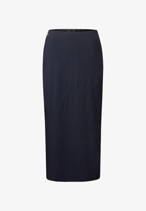 Gonna a matita blu navy realizzata in tessuto liscio, con un dettaglio di cucitura diagonale e un accento del marchio discreto vicino all'orlo.