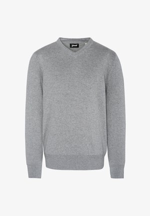 Szary sweter w serek wykonany z miękkiego materiału dzianinowego, z długimi rękawami i prążkowanym dołem, z małym logo wyszytym na klatce piersiowej.