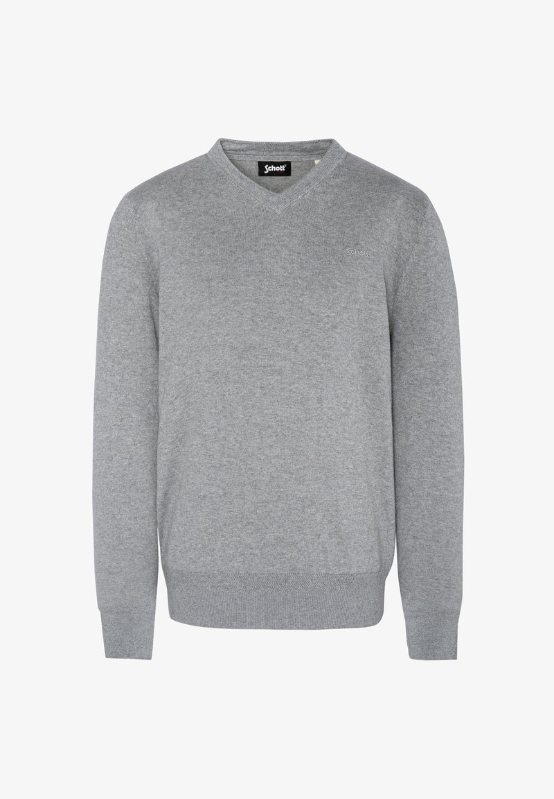 Grauer V-Ausschnitt-Pullover aus weichem Strickmaterial, mit langen Ärmeln und geripptem Saum, mit einem kleinen Logo, das auf der Brust gestickt ist.