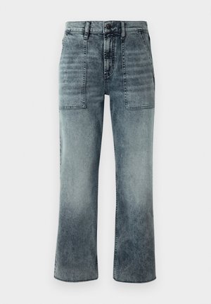 Mid-wash denim jeans with front patch pockets, belt loops, button closure, and a straight-leg cut.