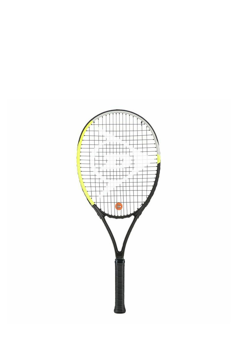 Tennisracket met een ovale kop, zwart frame, gele accenten en een gestructureerde zwarte grip. Bevat een kruislings patroon voor de snaren.