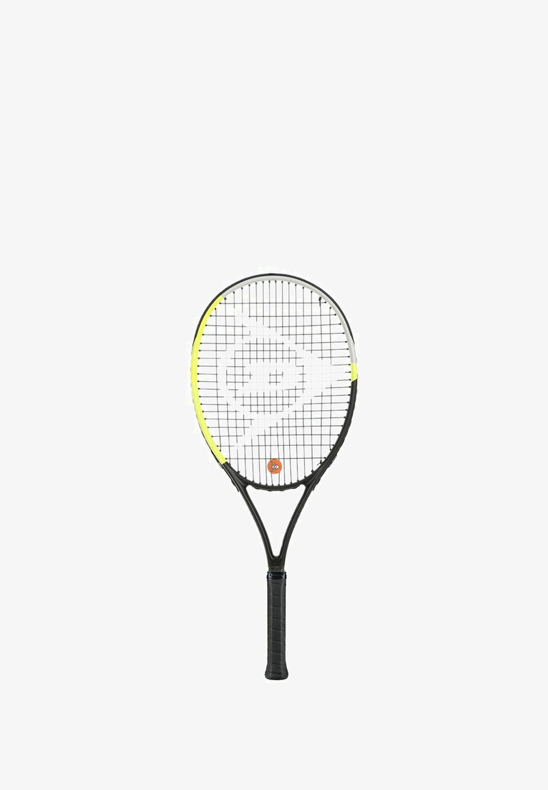 Tennisracket met een ovale kop, zwart frame, gele accenten en een gestructureerde zwarte grip. Bevat een kruislings patroon voor de snaren.