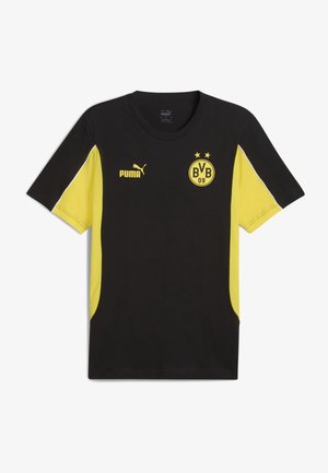 Schwarz-gelbes sportliches Kurzarmshirt mit Rundhalsausschnitt, versehen mit dem Puma-Logo und dem BVB 09 Emblem auf der Brust und den Seitenpaneelen.