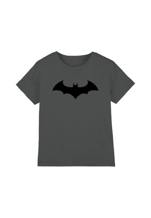 Dark gray short-sleeve t-shirt with a large black bat symbol centered on the chest.