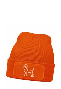 Orange knitted beanie with a ribbed texture, featuring a rectangular patch depicting a white outline of a dog on the front.