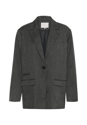 Grau gestreifter Blazer aus strukturiertem Stoff, mit einem einzigen Knopfverschluss, Schalkragen und zwei vorderen Taschen.