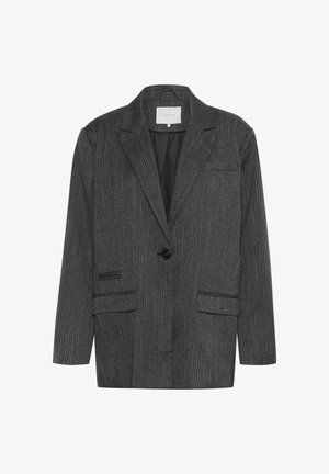 Grey pinstriped blazer made of textured fabric, featuring a single button closure, notched lapels, and two front pockets.