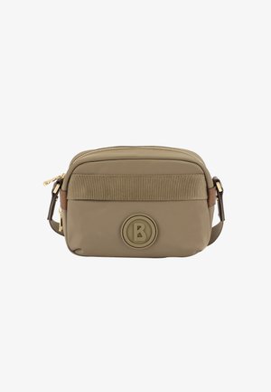 Khaki přícrossbody taška vyrobená z odolného materiálu, s rýhovaným designem a kulatým logo. Obsahuje zipový uzávěr a nastavitelné ramenní popruhy.