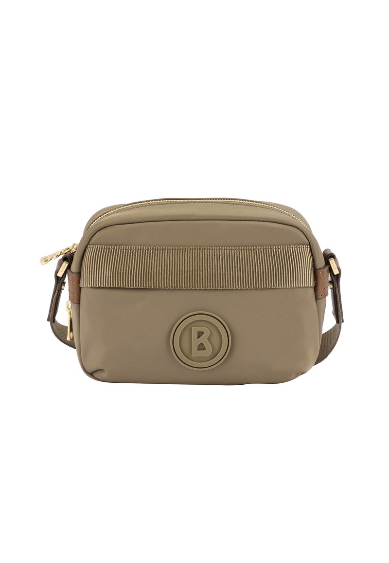 Borsa a tracolla khaki realizzata in materiale resistente, con un design rigato e un logo circolare. Include una chiusura con zip e una tracolla regolabile.