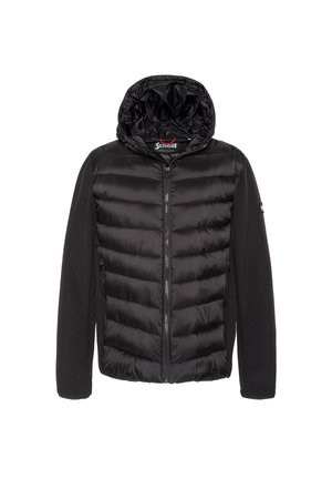 Veste noire à capuche avec devant matelassé, manches lisses, fermeture éclair intégrale à l'avant et poches latérales zippées, style hivernal.