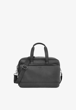 Czarna skórzana teczka z podwójnymi uchwytami, regulowanym odpinanym paskiem na ramię, przednią kieszenią na suwak i subtelnym tłoczonym logo marki.