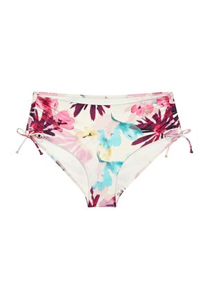 Bikini z wysokim stanem w kolorze białym z kolorowym kwiecistym wzorem, zawierającym różowe, niebieskie i żółte akcenty oraz z bocznymi sznurkami do regulacji.