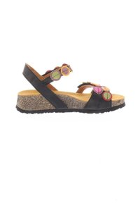 Schwarze Leder-Sandalen mit einer Korkplattform, die farbenfrohe kreisförmige Akzente an den Riemen und eine strukturierte Gummisohle aufweisen.