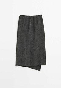 Jupe midi en laine gris foncé à coupe droite et ourlet asymétrique, présentée sur fond blanc uni.