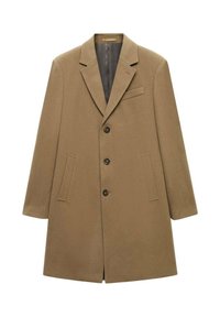 Manteau en laine marron avec un devant à double boutonnage, des revers à encoche, quatre boutons, deux poches latérales et une poche poitrine ; texture lisse.