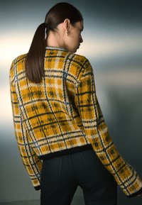 Suéter de punto con patrón amarillo y negro y silueta corta, con mangas largas y un dobladillo acanalado negro, mostrado desde la parte posterior.