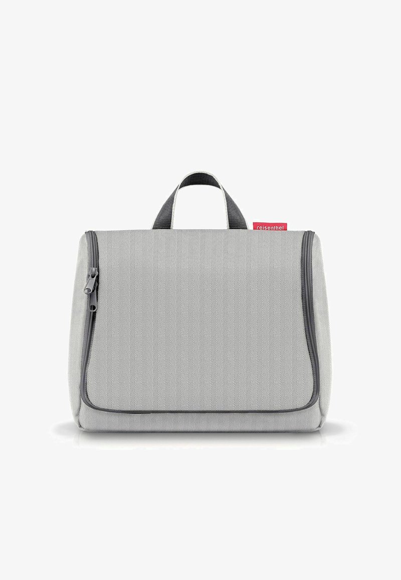 Grau, reisetasche im Fischgrätmuster mit Reißverschluss, Tragegriff oben und kontrastierendem dunklem Besatz, aus strapazierfähigem Stoff gefertigt.