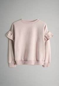 Sudadera rosa con acentos de volantes en las mangas, con un cuello redondo y puños y dobladillo de canalé, fabricada con una suave tela texturizada.