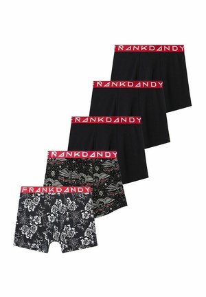 Kalsongset bestående av fyra par: två enfärgade i svart, ett med ett himmelskt mönster och ett med blommönster. Röd midja med logotyp.