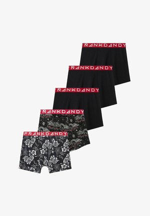 Ensemble de boxers comprenant quatre pièces : deux en noir uni, un avec un imprimé céleste et un avec un motif floral. Taille élastique rouge avec logo.