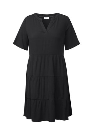 Schwarzes, gestuftes Kleid mit V-Ausschnitt, kurzen Ärmeln und strukturiertem Stoff. Verfügt über drei horizontale Rüschen an der Taille. Lässiges Design.